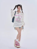 Black Friday Amfeov Anime Women Sweater Oversize Spider Web Mesh Long Sleeve Top Y2k Kawaii Rabbit Embroidery Korean Style Cutecore Clothes