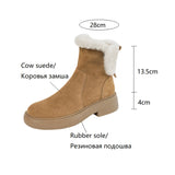 Amfeov NEW Winter Ankle Boots Women Round Toe Chunky Heel Short Women Boots Cow Suede Shoes Plush Warm Boots Zip Platform Shoes Women