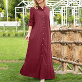 Amfeov Women's Long Shirt Dress Vintage Casual Solid Stand Collar Long Sleeve Dresses Elegant Simple Loose Singel-Breasted Maxi Dress