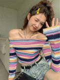 Black Friday Amfeov Long Sleeve Striped Sweater Off Shoulder Jumpers for Women 2024 Kawaii Pullover Y2k Korean Style Sweet Girls Top Fashion