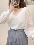 Amfeov-Women Spring Autumn Style Blouses Tops Lady Casual Long Sleeve V-Neck Lace Tops