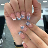 Amfeov Nail Inspo 2024 Summer 24pcs Square False Nails Mid Long French Leaf Love Glitter Press On Nails 2024 New Summer Fresh DIY Detachable  Nail Tips