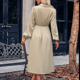 Amfeov Fashion Simple OL Mid-Calf Dress Woman Elegant High Waist V Neck Long Puff Sleeve Dresses Female Office Pleated Vestidos