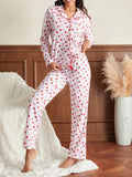 Amfeov Women Pajama Set Valentine's Day Sweet Heart Print Long Sleeve Button Closure Tops with Pants Sleepwear Loungewear Casual Daily