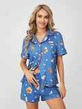 Amfeov Women Cute Print Blue Pajama Sets Summer Loose 2 Piece Short Sleeve Lapel Butoon Up T-shirts + Shorts Suits Loungewear Sleepwear