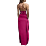 Women's Sexy One Shoulder Satin Long Dress Solid Color Sleeveless Maxi Dress High Split Cocktail Wedding Party Female Dresses