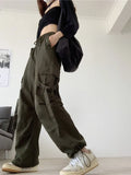 Back To School Amfeov Green Vintage Women Cargo Pants Y2k High Waist Drawstring Loose Lady Wide Leg Trousers Streetwear Female Joggers 2023