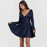 Amfeov hoco dresses Autumn and Winter Long Sleeve Dress Navy Blue Long Belt A Line Mini Dress V Neck Casual Women's Clothing