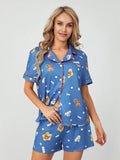 Amfeov Women Cute Print Blue Pajama Sets Summer Loose 2 Piece Short Sleeve Lapel Butoon Up T-shirts + Shorts Suits Loungewear Sleepwear