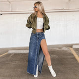Amfeov-Fashion Women's High Waist Split Thigh Long Denim Skirt Casual Blue Long Jean Skirts with Pockets Summer Y2K Streetwear