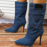 Amfeov Women's Boots  Retro High Heels Women Large Size Pointed Knight Boots Woman Fashion Western Denim Botas De Mujer Zapatos 2024