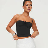 Amfeov 2024 Summer Solid Color Adjustable Shoulder Straps One Shoulder Short Crop Shrinking Pleated Slim Bow Sexy Tank Top