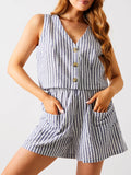 Amfeov Women Striped 2 Pieces Short Sets Summer Loose Fit Sleeveless Button Up Tank Tops Elastic Waist Shorts Outfits Lounge Streetwear