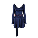 Amfeov hoco dresses Autumn and Winter Long Sleeve Dress Navy Blue Long Belt A Line Mini Dress V Neck Casual Women's Clothing