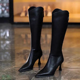 Amfeov Design Pointed Toe Women Knee-High Boots Designer Party Dress Street Long Booties Thin Low Heels Shoes