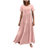 Amfeov Summer Women's Pleated Long Dress Round Neck Short Sleeve A-Line Maxi Dress Ladies Casual Solid Color Loose Female Dresses