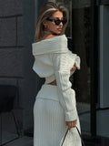 Black Friday Amfeov Knitted Skirt 2 Piece Set Women's One-Shoulder Long Sleeves Sweater Pullover Elegant Slim Fit Long Skirt Suit Autumn New