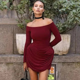 Black Friday Amfeov Elegant Ruched Long Sleeve Dress For Women One Shoulder Bodycon Mini Dress Sexy Club Party Dresses Lady Solid High Waist