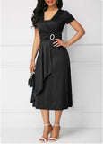 Amfeov-Elegant Women Solid Color Short Sleeve V Neck Asymmetric Hem Waist Tight Midi Party Dress Ladies Evening