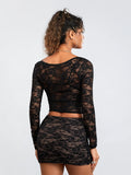 Amfeov Women 2 Piece Lace Outfit Sexy Long Sleeve Holllow Out Top with Bra and Mini Bodycon Skirt Clothes Set for Summer Nightclub Y2K