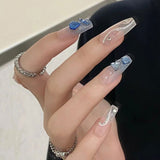 Amfeov 24pcs Fake Nails Y2k Korean Gradient False Nails Set Press on Nails Rhinestone Wearable Long Coffin Artificial Nails Nail