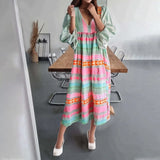 Amfeov Casual Summer 2024 Bohemian Long Dress For Women V-Neck Puff Long Sleeve Maxi Dress Female Loose Fit Printed Dresses Holiday