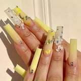 Amfeov Nail Inspo 2024 Summer 24Pcs/Box Long French False Nail Ballerina Fake Nails Pink Butterfly Pattern Square Nail Decal False Nails Press On Nail Tips