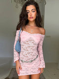 Amfeov hoco dresses 2024 Spring Summer Women Dress Solid Color Strapless Long Sleeves Sexy Mini Dresses Lace See Through Elegant Streetwea