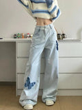 Back To School Amfeov Blue Jeans Plus Size Women Y2k Fashion Loose Butterfly Patchwork Causal High Waist Denim Pants Streetwear Retro Bottoms