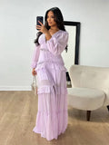 Back To School Amfeov Elegant Hollow Lace Spliced Chiffon Ruffle Long Dress Women Sexy Deep V-neck Lantern Sleeves Maxi Dresses 2024 Lady Party Robes