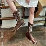 Amfeov Women Retro Mid Calf Western Cowboy Motorcycle Boots Female Autumn Embroidered Square Toe Chunky Heel Fashion Design Brown Boots