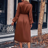 Amfeov Fashion Simple OL Mid-Calf Dress Woman Elegant High Waist V Neck Long Puff Sleeve Dresses Female Office Pleated Vestidos