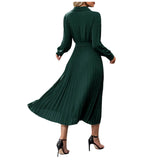 Amfeov Women‘s Elegant Pleated Long Dress Summer V-Neck Full Sleeve Solid Maxi Dress Fashion Sashes Slim Waist Female Party Dresses