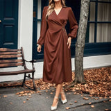 Amfeov Fashion Simple OL Mid-Calf Dress Woman Elegant High Waist V Neck Long Puff Sleeve Dresses Female Office Pleated Vestidos