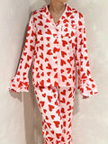 Amfeov Women’s 2 Piece Satin Pajama Set Sweet Ruffle Long Sleeve Heart Print Button Up Shirt + Pants Outfits Sleepwear Loungewear Pjs