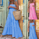 Amfeov Straps Long Dress Women Summer Boho Style Loose Sleeveless Square Collar Maxi Dresses Female Holiday Striped Printed Dress