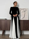 Back To School Amfeov Elegant Black White Patchwork Maxi Dresses Women Fashion O-neck Long Sleeves Slim Dress New Female Evening Party Robes