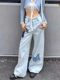 Back To School Amfeov Blue Jeans Plus Size Women Y2k Fashion Loose Butterfly Patchwork Causal High Waist Denim Pants Streetwear Retro Bottoms