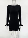 Black Friday Amfeov Autumn New Knitted Mini Dress For Women Fungus Contrast Color Slim Sweater Dress Elegant Female Party Clothes Long Sleeve