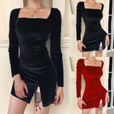 Sexy Women Velvet Split Mini Dress Autumn Winter Long Sleeve Square Collar Party Clubwear Dress Female 2024 Slim Fit Dresses