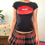 Amfeov Y2K Fashion Sexy red lips Print fairy grunge Summer E-girl Crop Tops Slim 2000s Streetwear Harajuku Goth Short Sleeve T-shirts