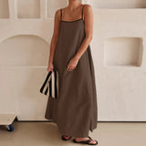 Amfeov Casual Color Contrast Long Dress Women Summer Sleeveless Lacing Hemp Maxi Dress Loose Backless Female Dresses 2024 Vocation