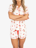 Amfeov Women 2 Piece Lounge Set Summer Short Sleeve Lapel Button Closure Shirt Tops Floral/Bear/Strawberry Print Shorts Sleepwear Sets