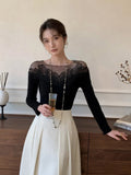 Black Friday Amfeov White Off Shoulder Knit Sweater Women Lace Transparent Mesh Long Sleeve Crop Pullovers Fairycore Aesthetics Clothes Chic