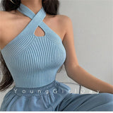 Amfeov-Women Y2k Halter Tops Female Knitted Tank Tops Solid Sexy Tops Women Off Shoulder Crop Tops For Women Summer Autumn Tank  New