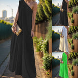 Amfeov Fashion Evening Party One Shoulder Long Dress Summer Sleeveless Solid Color Maxi Dress Ladies Pleated Loose Backless Dresses