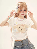 Back To School Amfeov Kawaii Plush Dog T Shirts for Women Drawstring Lace Up Folded Summer Y2k Crop Tops Harajuku Cutecore Girls Slim Clothes