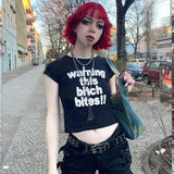 Amfeov Women clothes Retro Black short letter print short-sleeved T-shirt slim summer Y2K Club Wear crop top Kawaii harajuku vintage