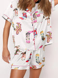 Amfeov Women’s 2 Piece Pajamas Set Short Sleeve Cartoon Print Button Up Shirt + Shorts Set Female Summer Cozy Sleepwear Loungewear Pjs