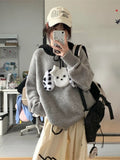 Black Friday Amfeov Kawaii Dog Graphic Hooded Sweater Women Patchwork Grey Ribbed Knitwear Korean Fashion Autumn Oversized Winter Clothes